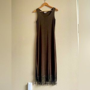 💛Jostar, Sleeveless Stretch Maxi Dress w gorgeous lace at hem, Brown, Small